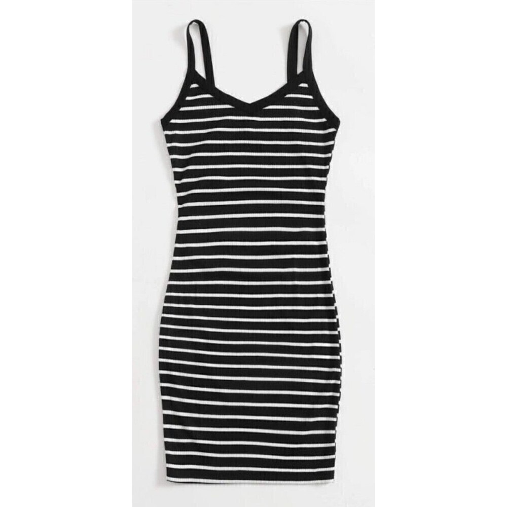 Women's Striped Rib-knit Bodycon Dress Black and White Size Small